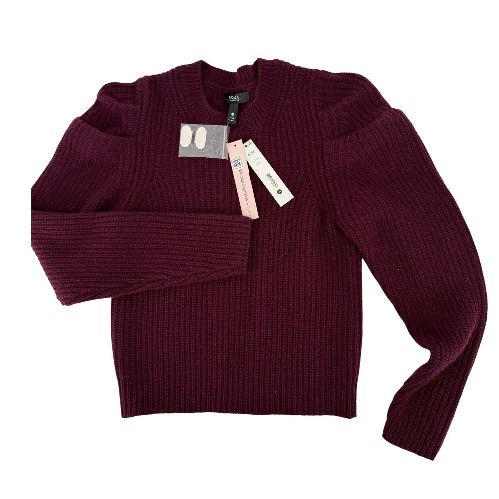 Aqua 100% Cashmere Heather Burgundy Ribbed Knit Shaker Puff Shoulder Sweater XS - Picture 2 of 7